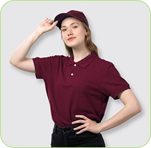 Model posing with a piece of Warp Knit Fabric in maroon