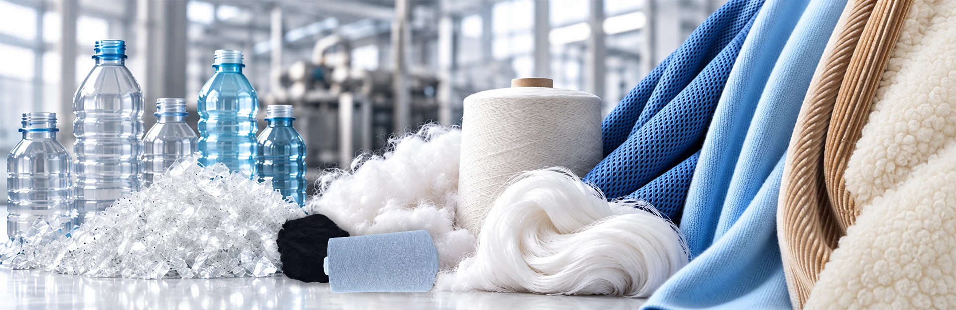 Recycled polyester limitations represented through bottles, fibres and fabric