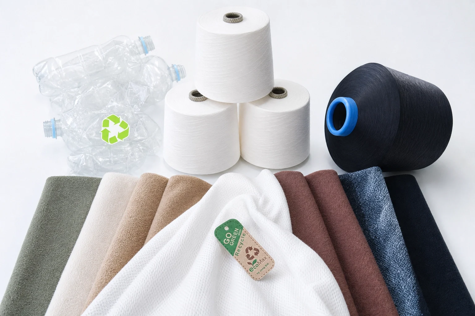 PET bottle and a range of recycled polyester fabrics