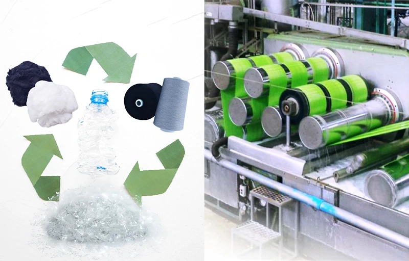 Sustainable Textile Innovation (rPET) Image illustrating the transition from recycled plastic bottles to premium eco-friendly faux fur fabric.