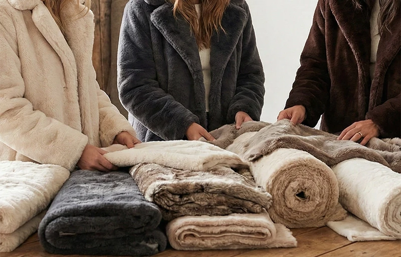 Luxury Faux Rabbit Fur Fashion & Fabric Guide A high-quality showcase of faux rabbit fur fabric applications including luxury outerwear and various textile samples.