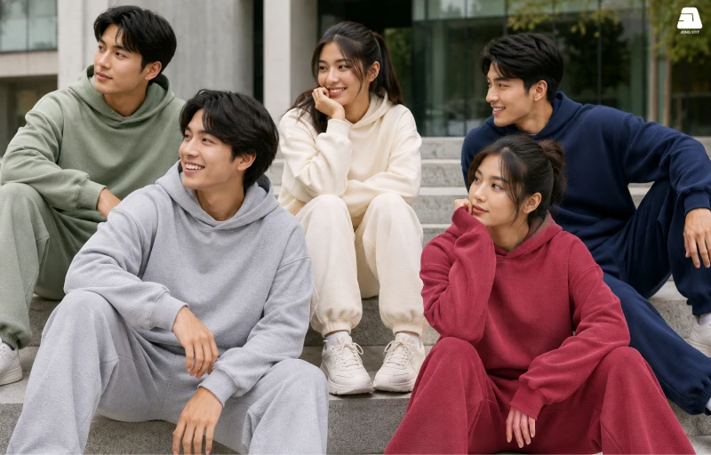 Gen Z group wearing modern tracksuits made from French Terry fabric
