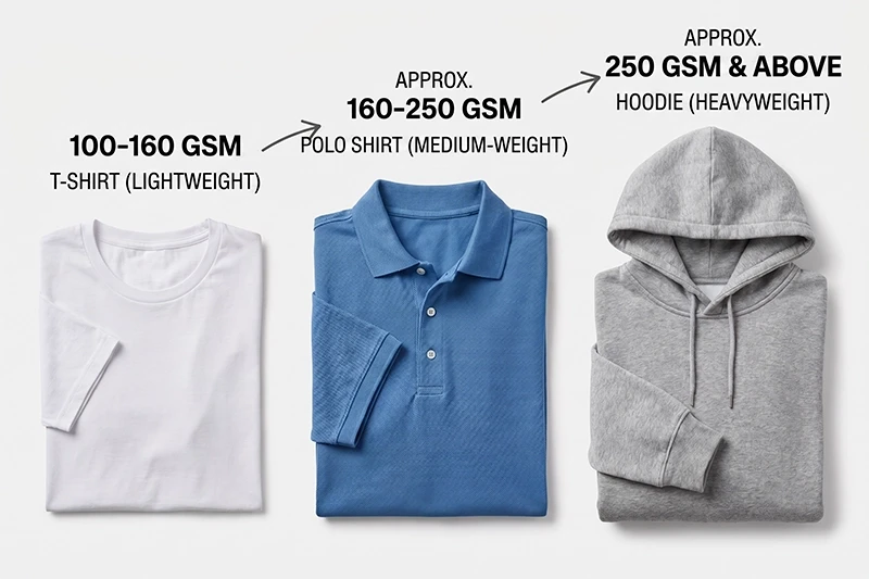 A diagram comparing the differences between lightweight, medium-weight, and heavyweight fabrics based on their GSM values.