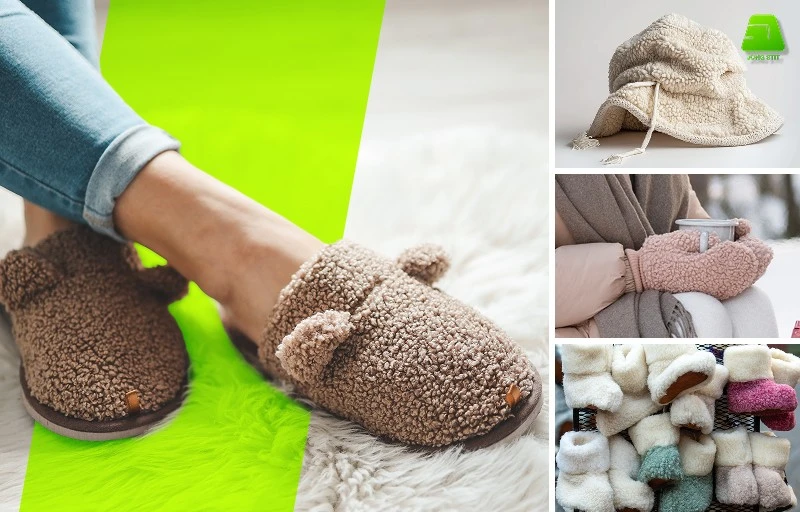 Sherpa Fabric for Warm Accessories Soft Sherpa fabric used for warm accessories, featuring a fluffy texture ideal for comfortable winter and lifestyle products.