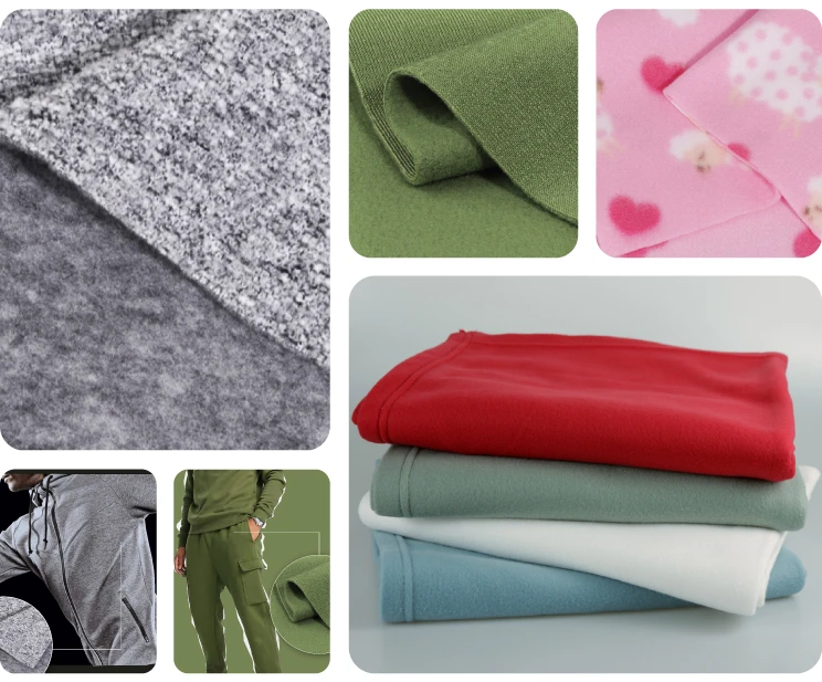 Fleece - is similar to the cotton fleece fabric. Fleece fabric has single and double sides brushed, commonly used in jackets, sweatpants, winterwear, blankets and other fluffy products.